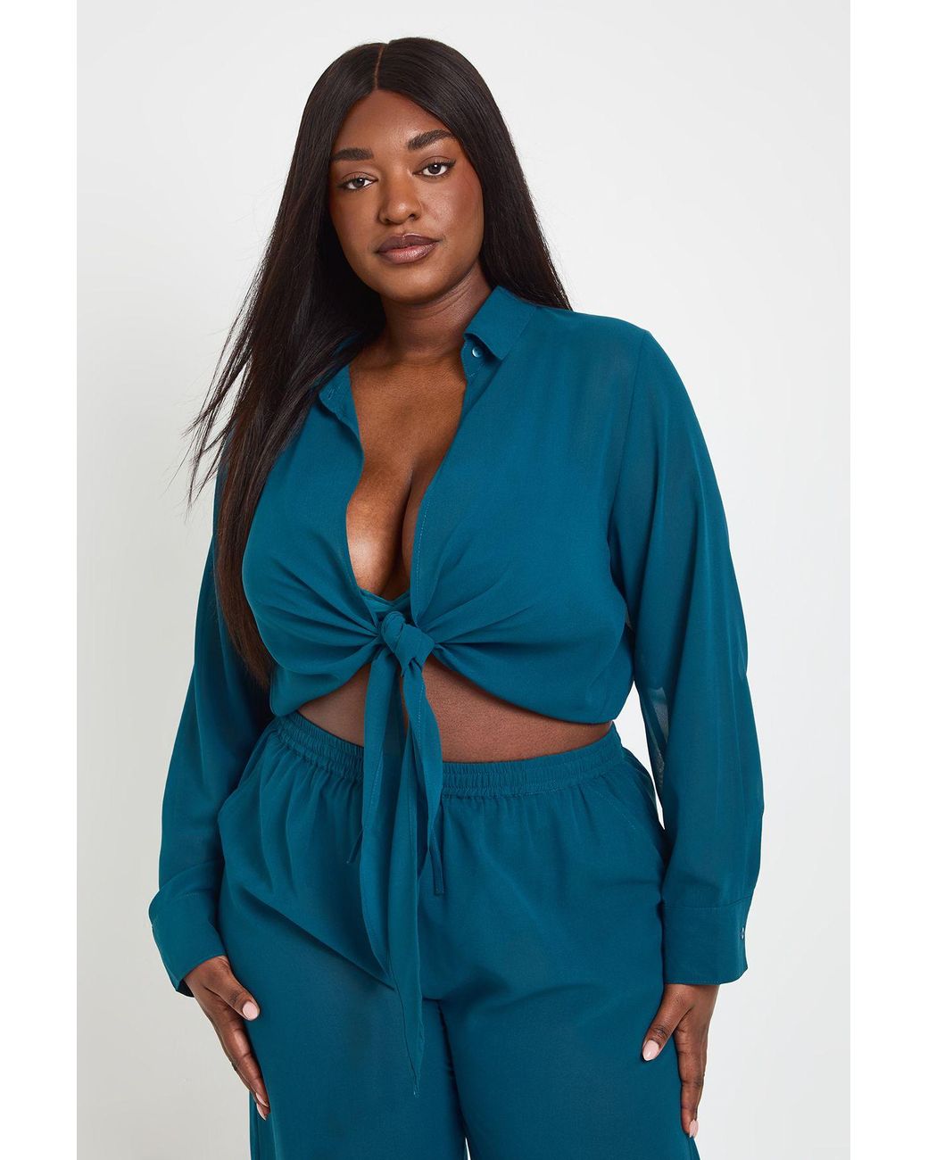 Boohoo Blue Plus Chiffon Tie Front Shirt