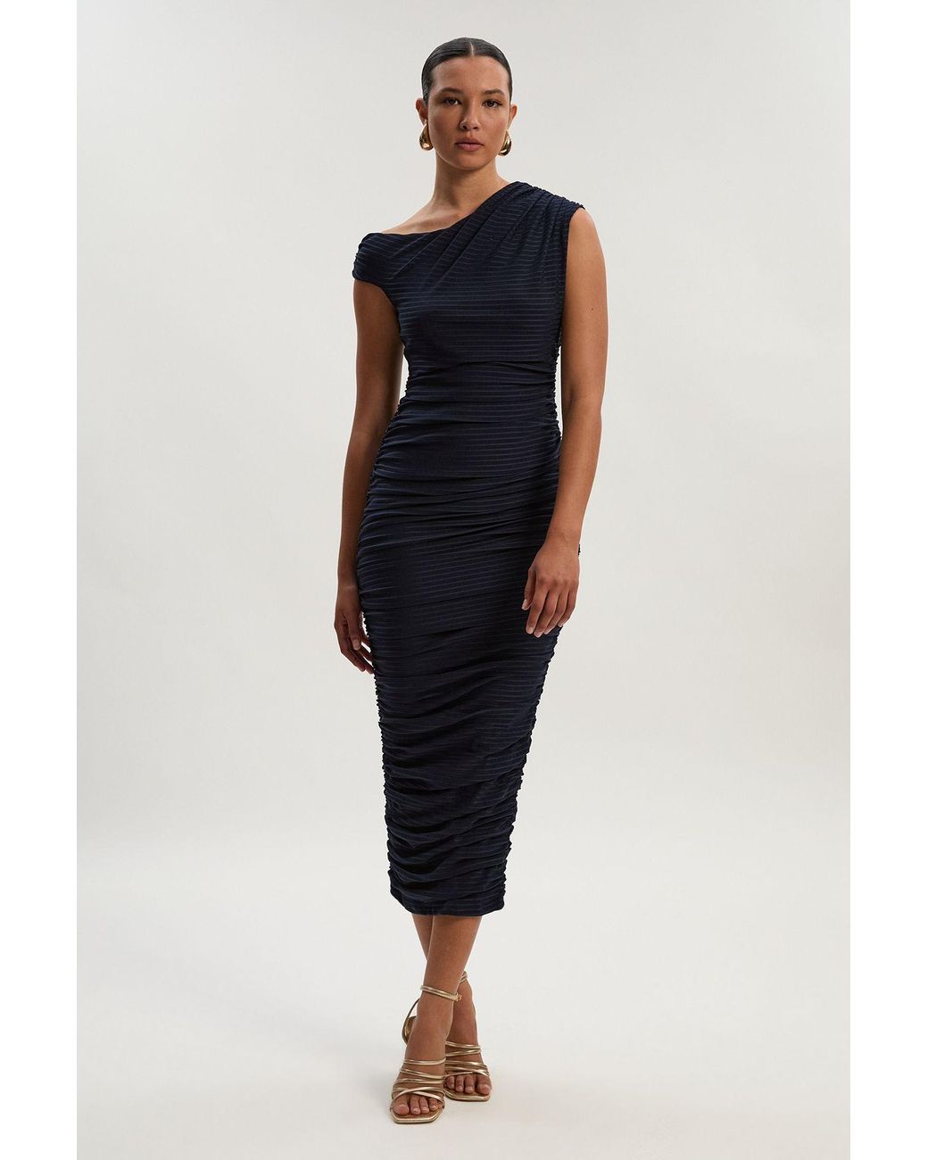 Karen Millen Black Textured Ruched Jersey Midi Dress