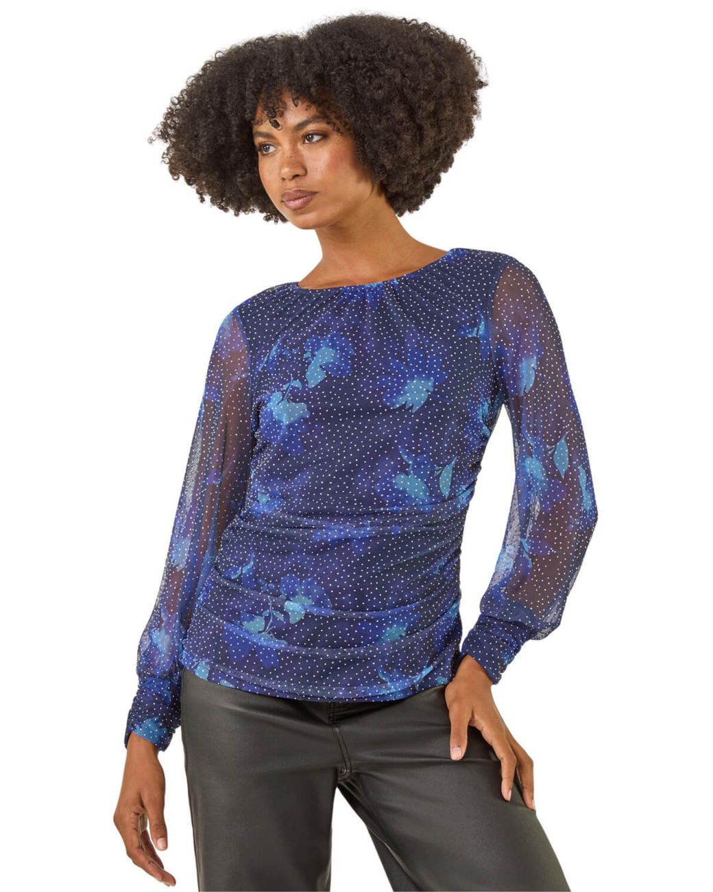 Roman Blue Printed Stud Mesh Stretch Top