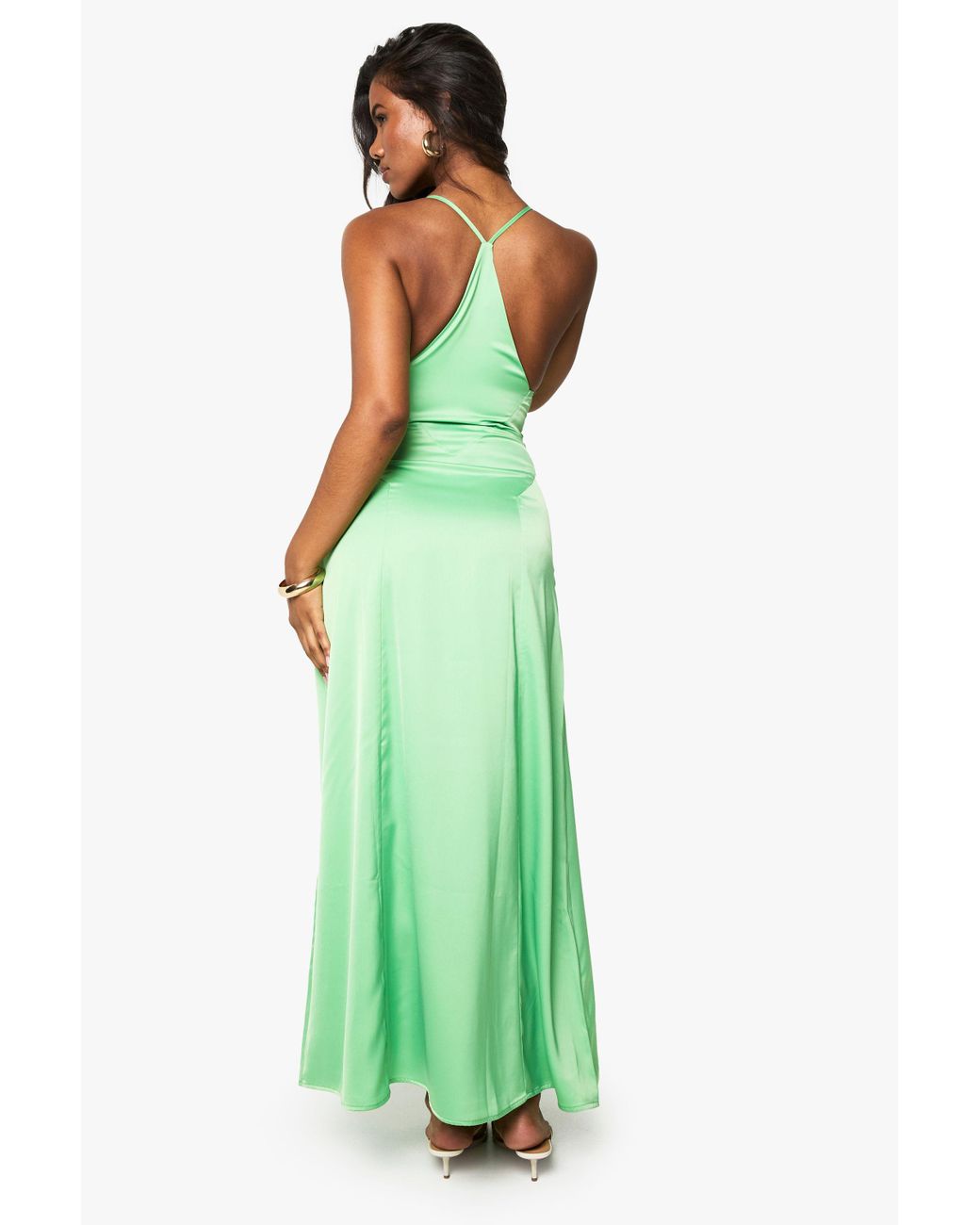 boohoo green satin dress Strappy Cross Over Slip in Midi dress