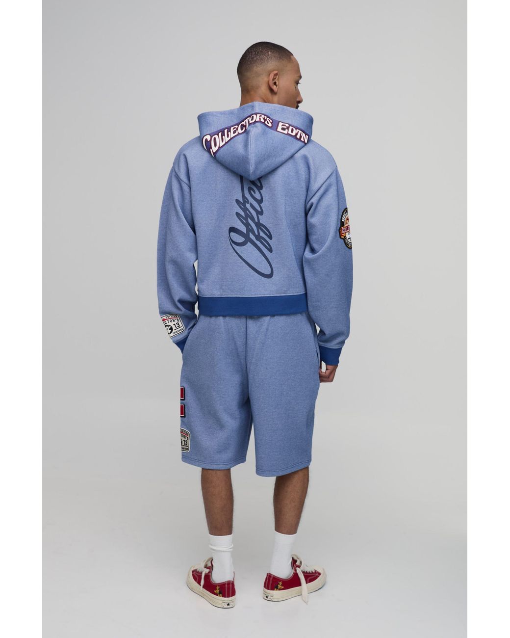 BoohooMAN Blue Collector's Edtn Shrunken Boxy Badged Pique Zip Thru Hoodie for men