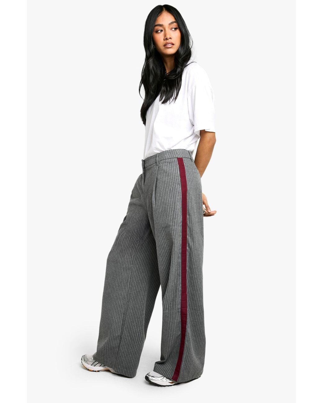 Boohoo Gray Side Stripe Detail Pinstripe Wide Leg Tailored Pants