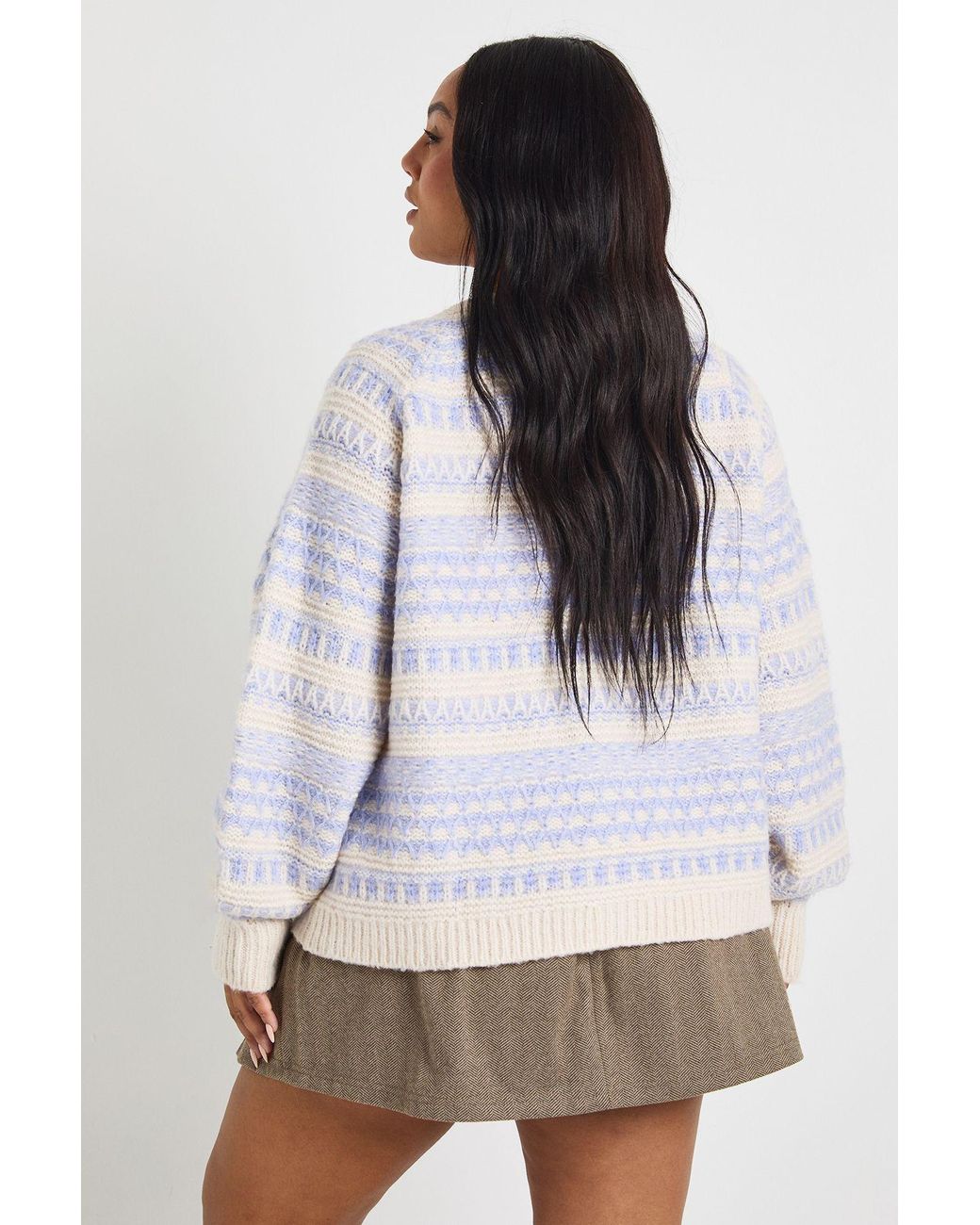 Boohoo White Plus Chunky Knit Fairisle Stripe Oversized Boyfriend Cardigan