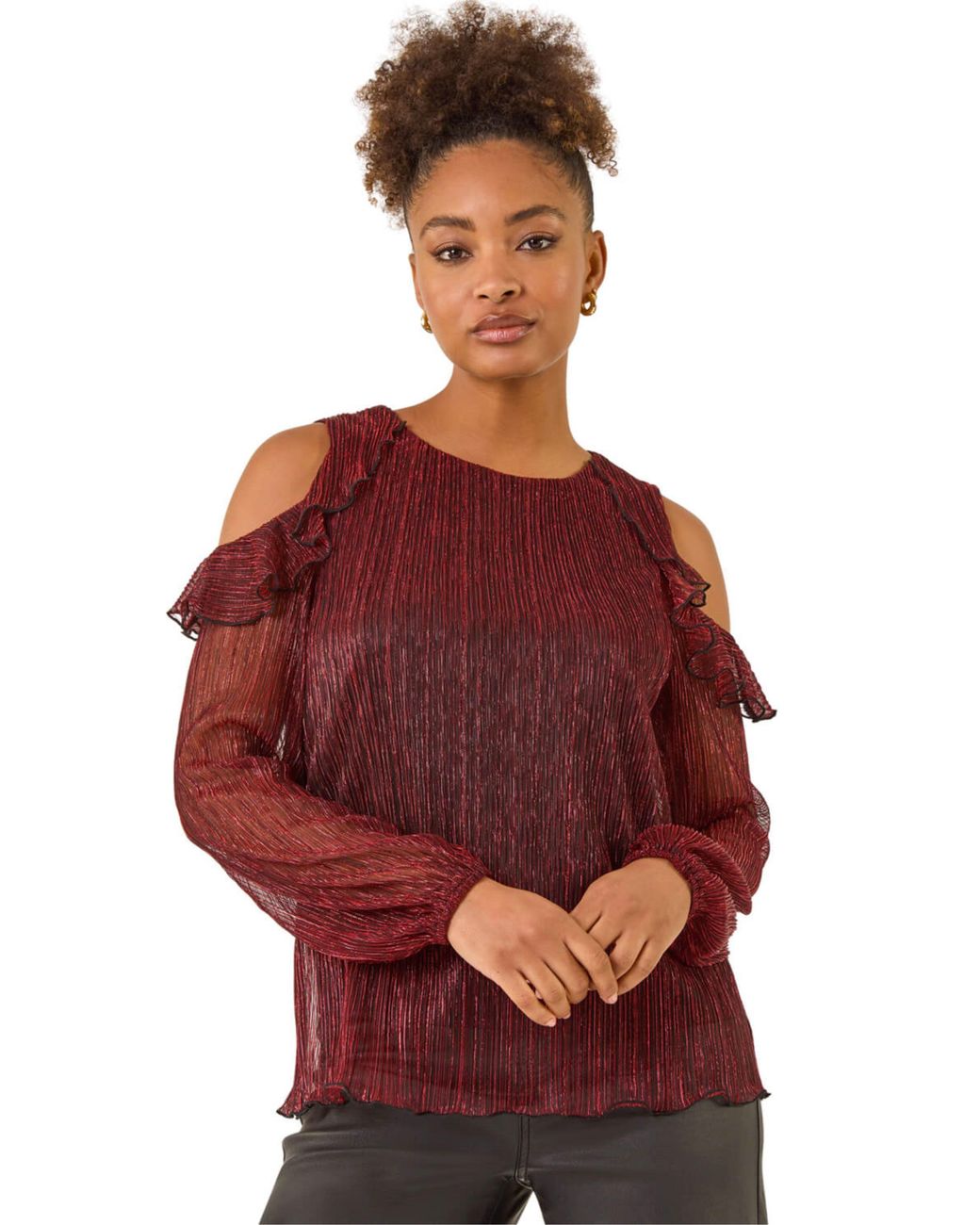 Roman Red Shimmer Plisse Cold Shoulder Top