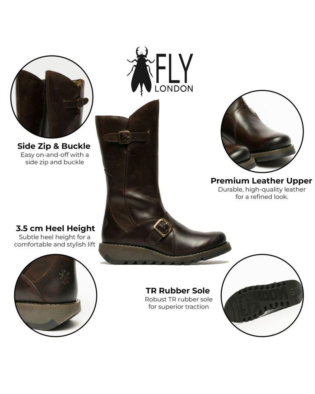 Fly London Black Buckled Leather Mid-Calf Boots