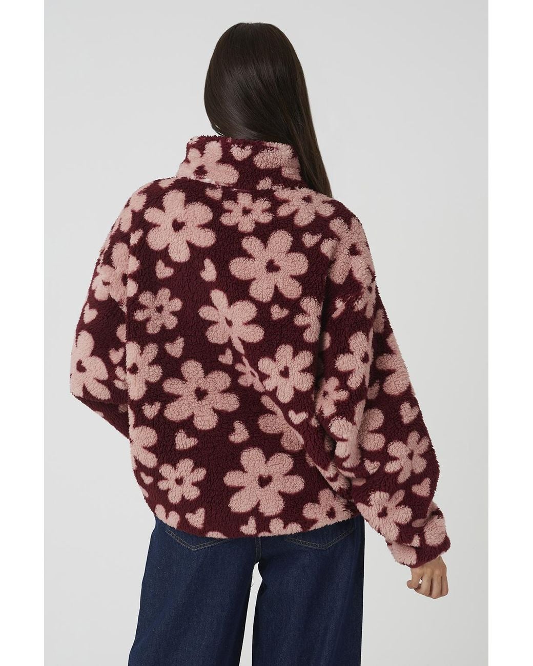 Brave Soul Red Flower Print Sherpa Fleece Sweatshirt