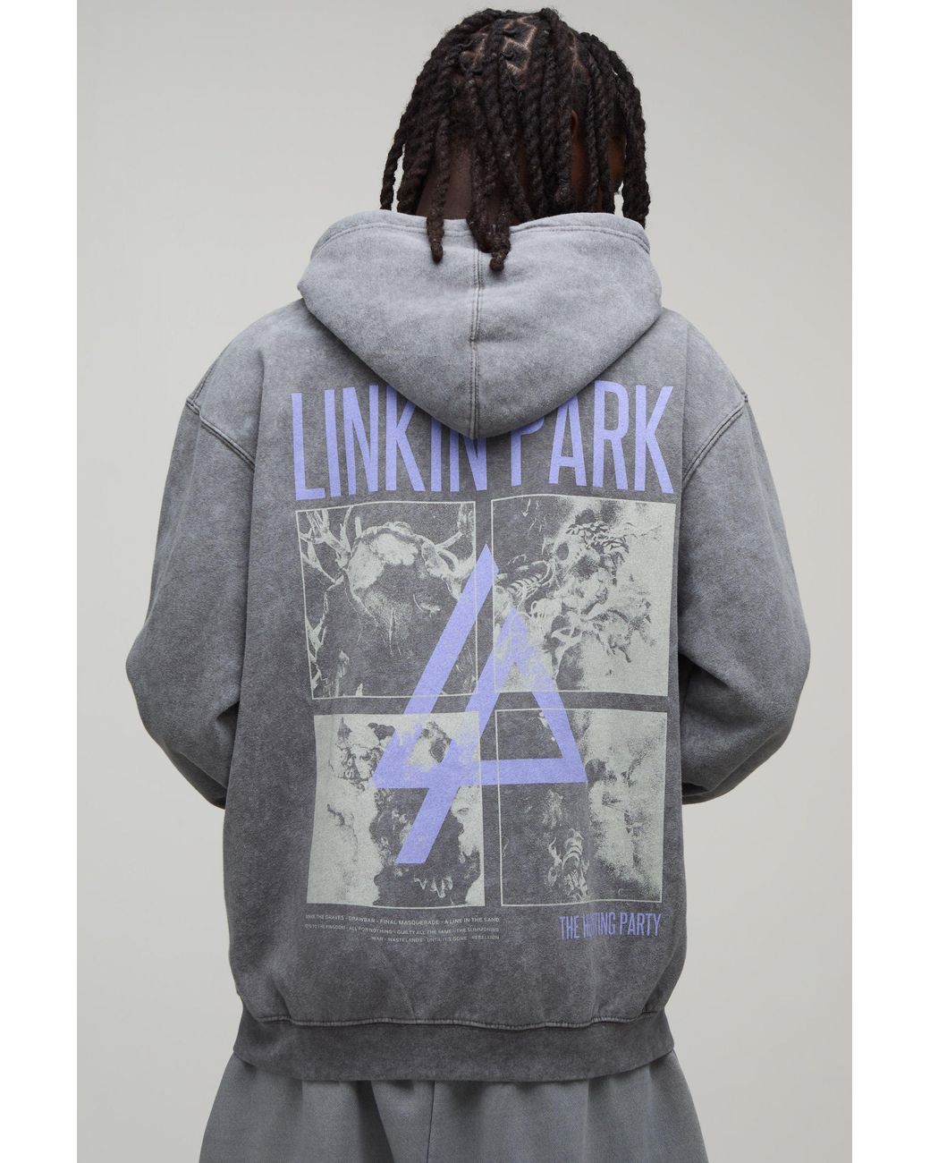 BoohooMAN Gray Oversized Linkin Park Acid Wash License Print Hoodie for men
