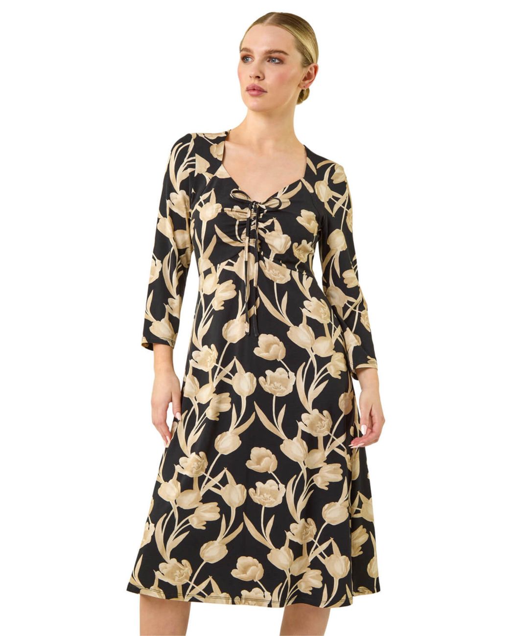 Roman Black Petite Floral Gathered Stretch Midi Dress
