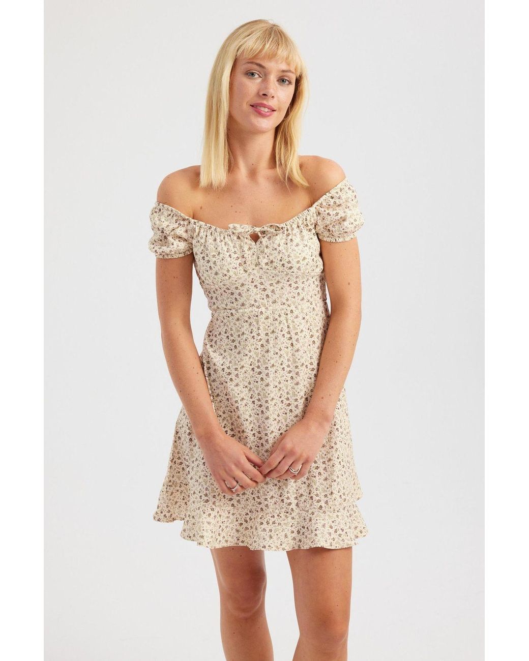 Hiccup Natural Floral Off Shoulder Ruffled Mini Dress