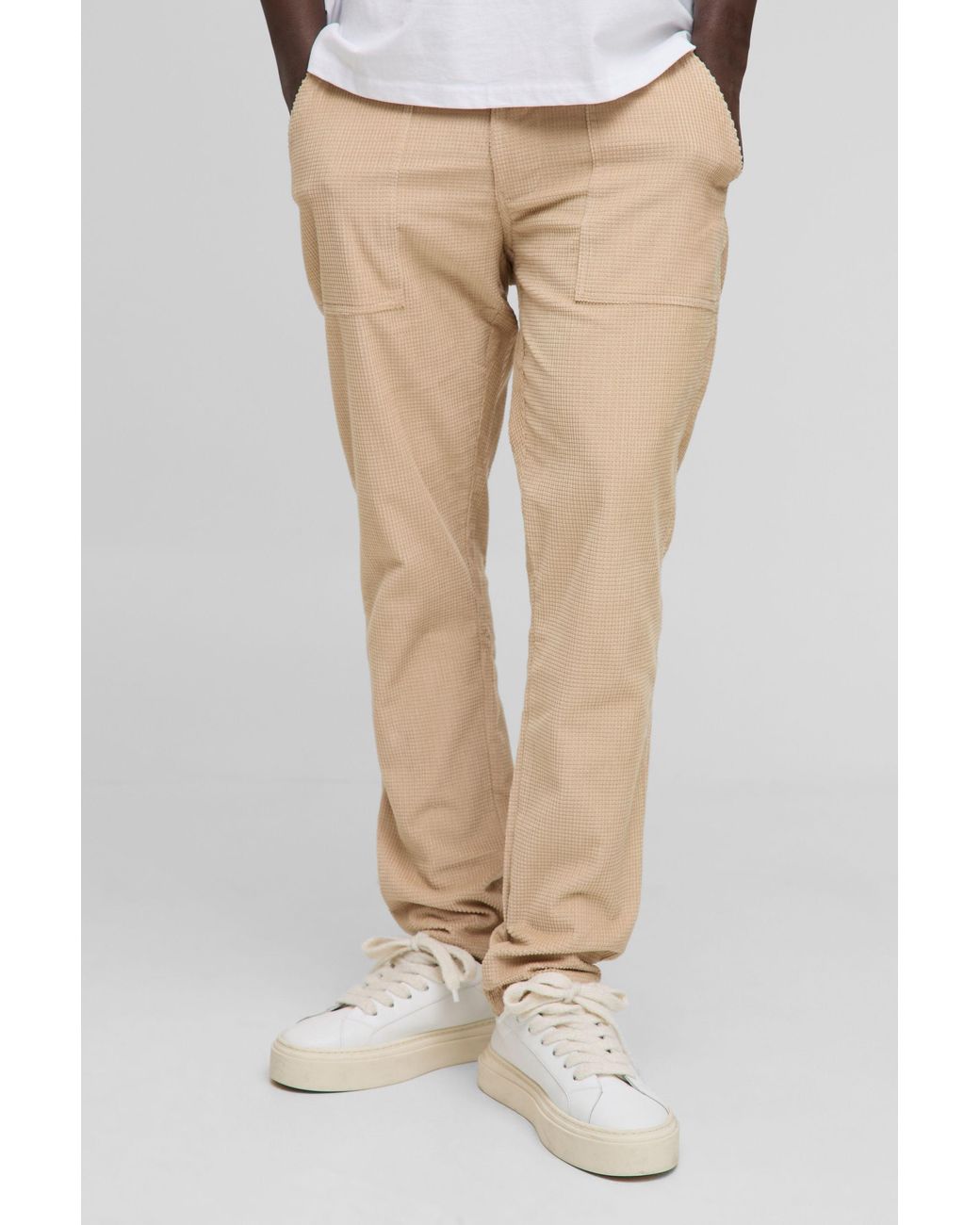 BoohooMAN Natural Slim Waffle Corduroy Trousers for men