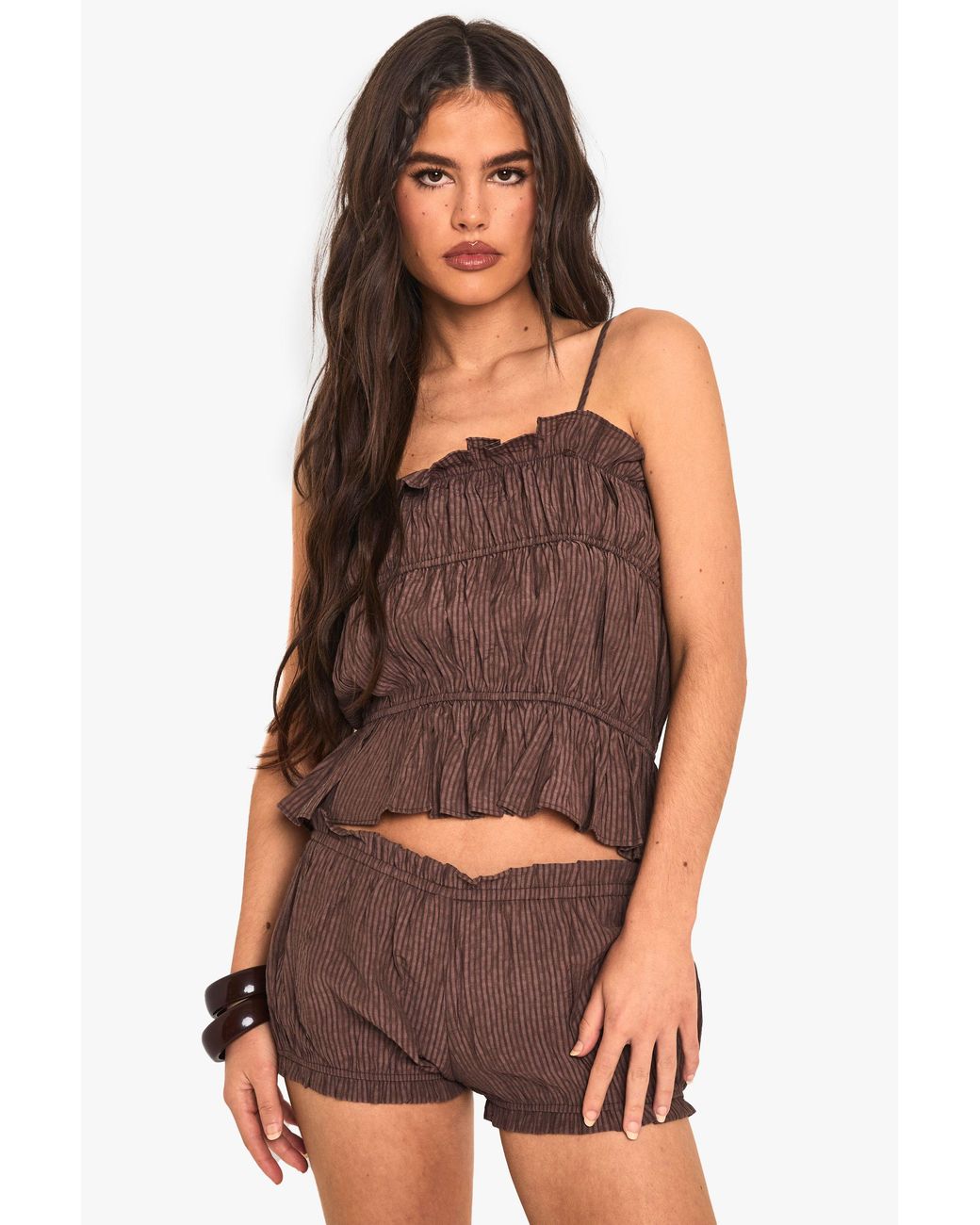 Boohoo Brown Textured Stripe Ruffle Cami