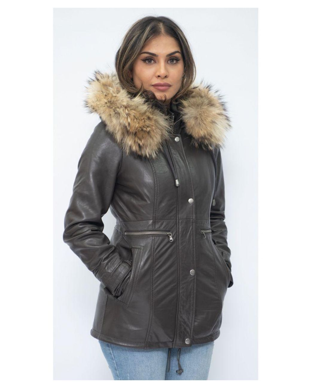 Infinity Leather Gray Hooded Parka Jacket-Putian