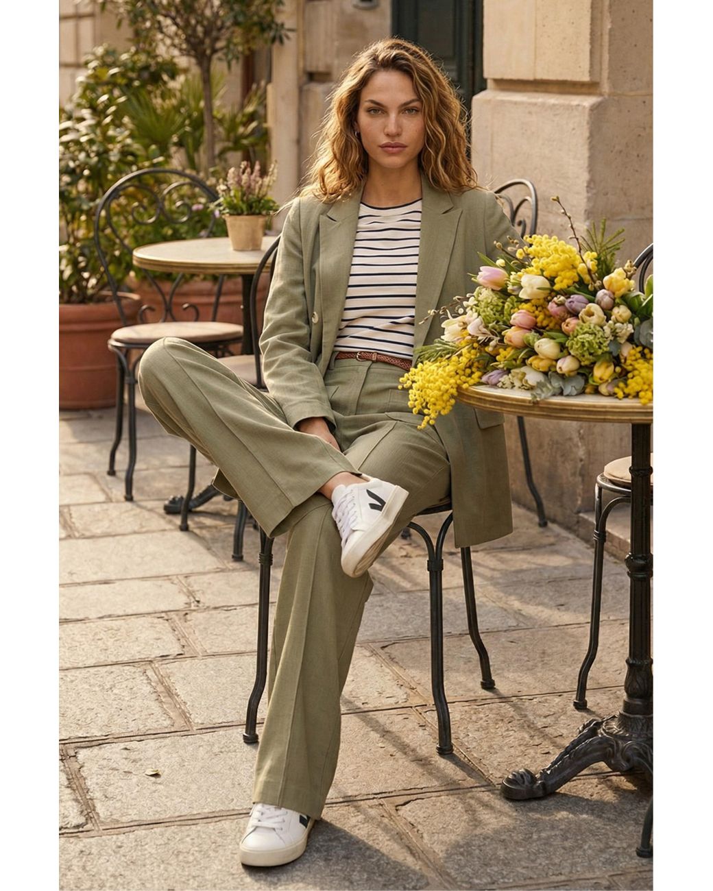 Roman Metallic Linen Blend Belted Trouser