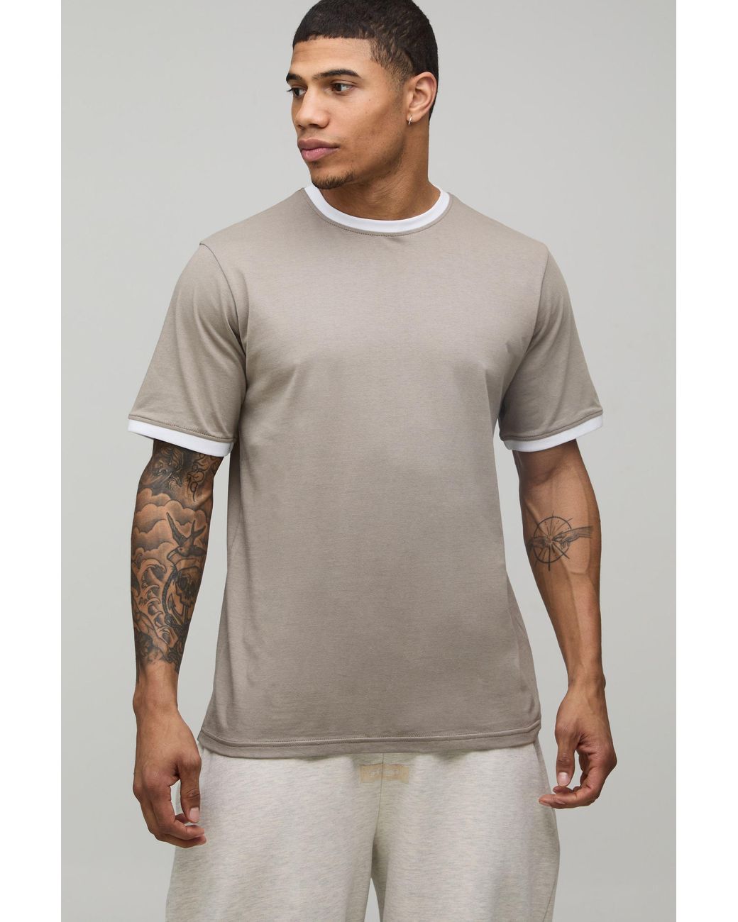 BoohooMAN Gray Regular Fit Ringer Crew Neck T-Shirt for men