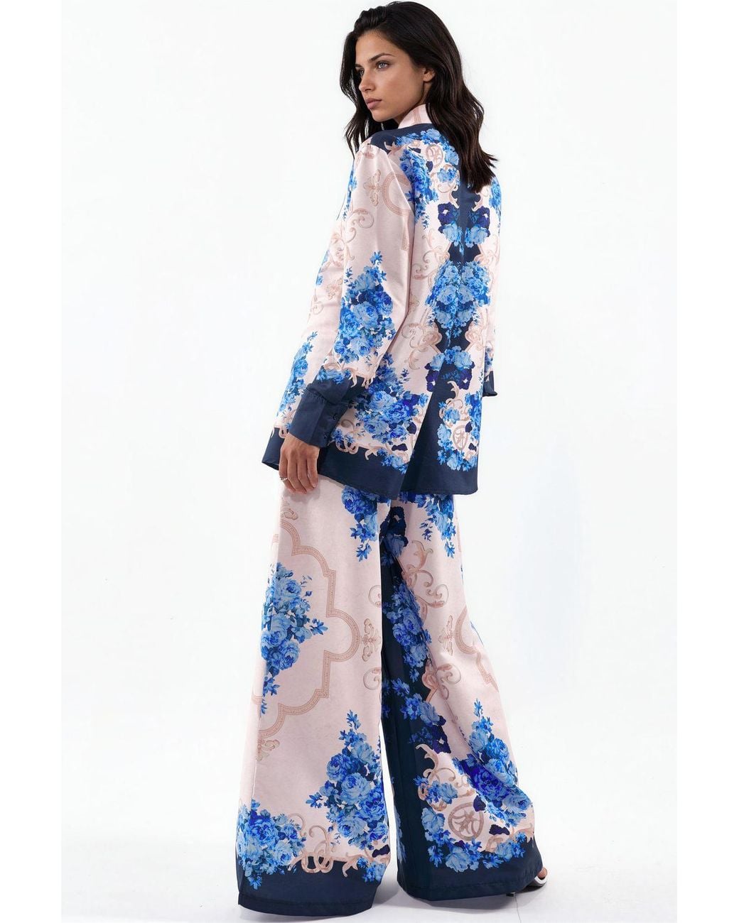 Msn-Collection Blue Floral Shirt And Wide-Leg Pants Set