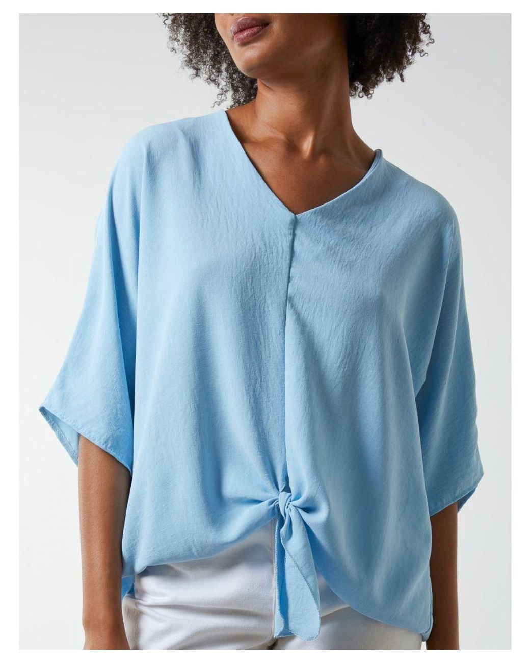 Blue Vanilla Blue V Neck Tie Front Blouse