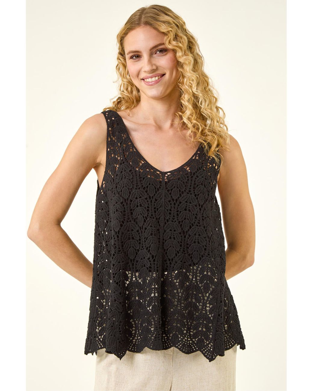 Roman Black Crochet Knit Vest Top