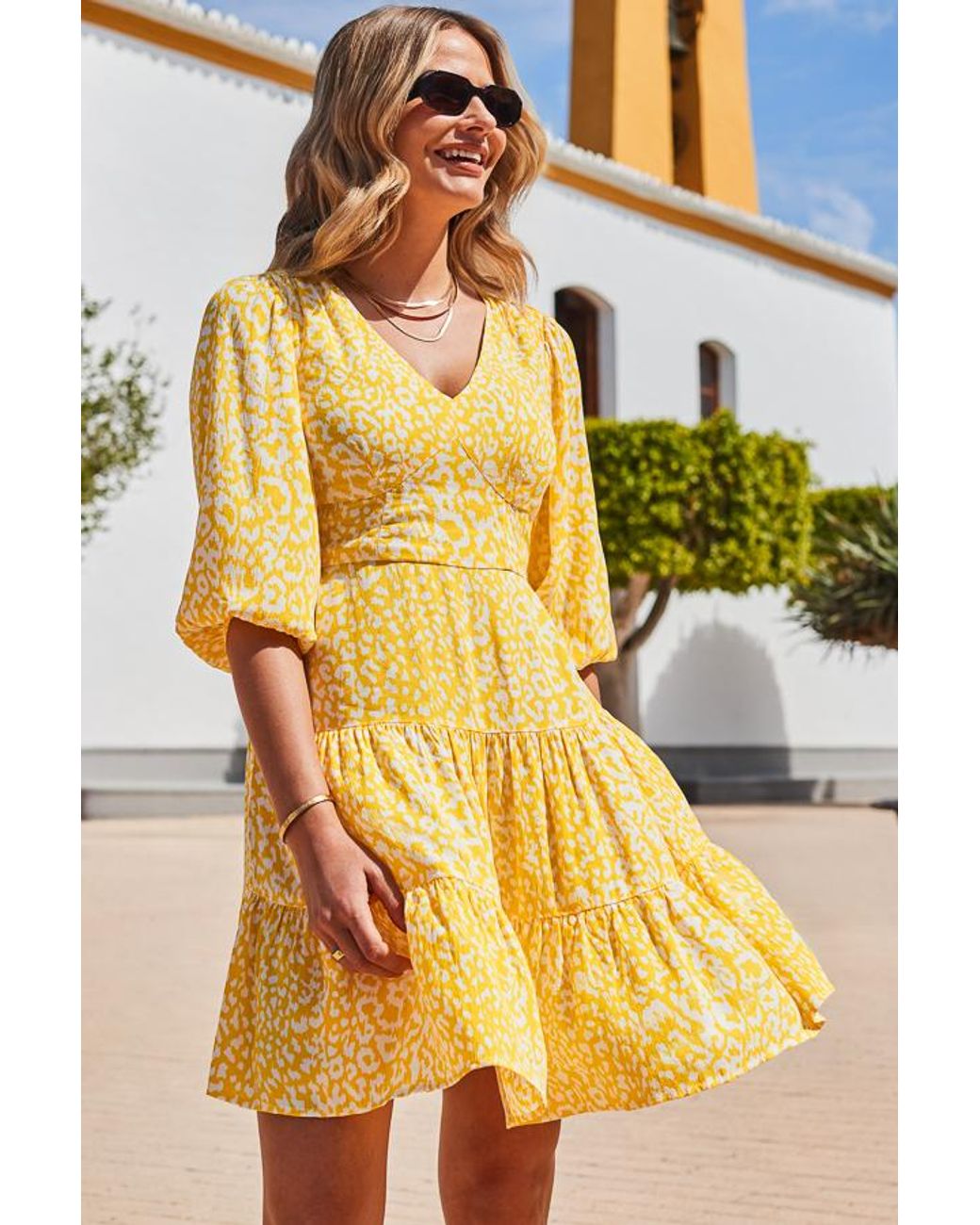 Sosandar Yellow Sunshine Animal Print Tiered Hem Dress