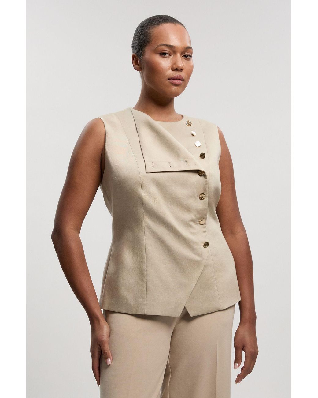 Karen Millen Natural Plus Size Tailored Linen Button Front Top