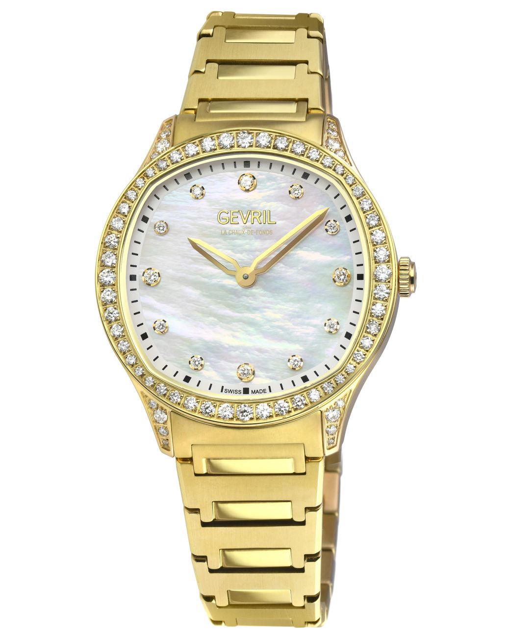 Gevril Metallic Morcote Swiss Diamond Watch, 316L Ss/Ipyg Case, Mop, Ip Bracelet