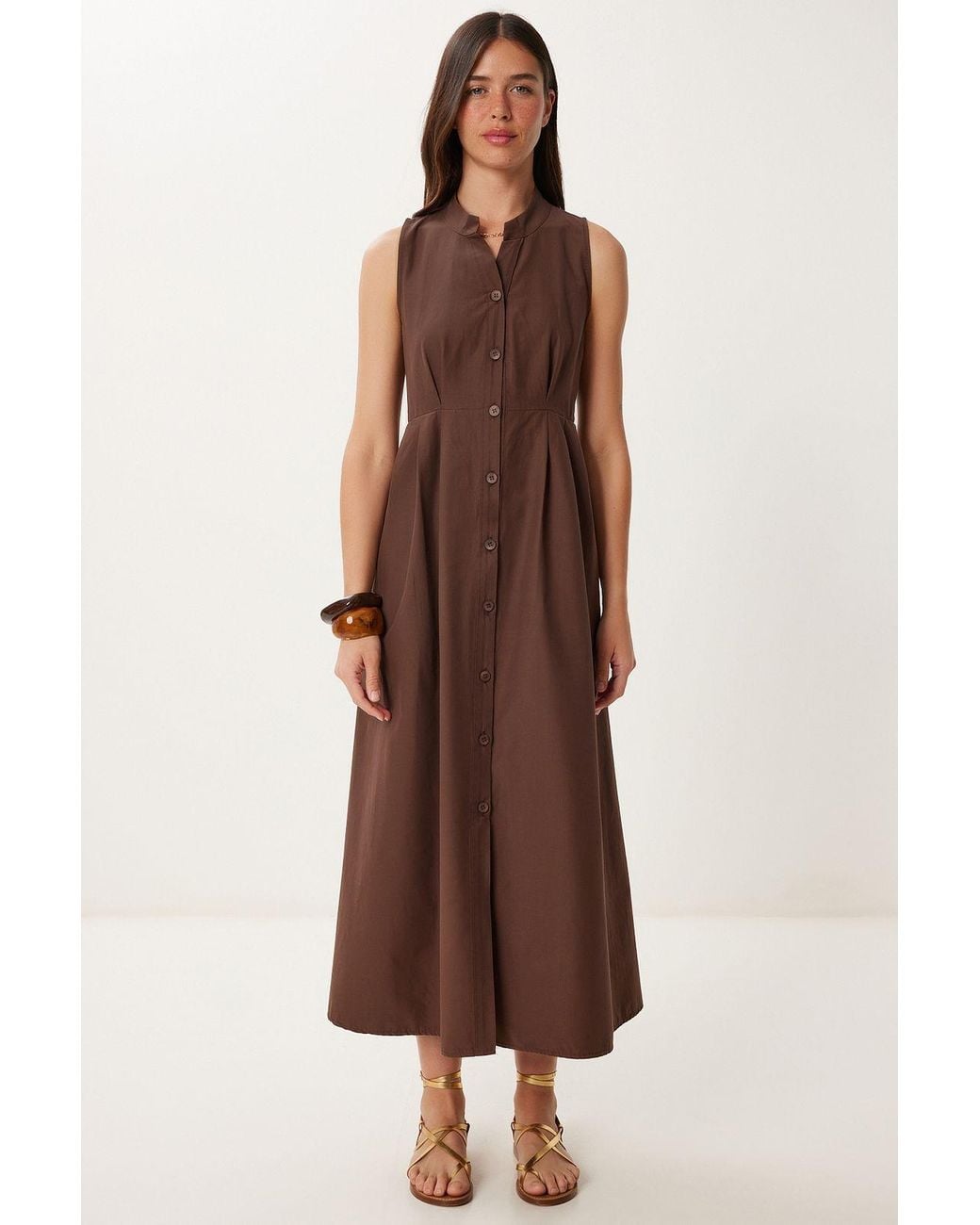 Happiness İstanbul Brown Mandarin Collar Sleeveless A-Line Midi Dress
