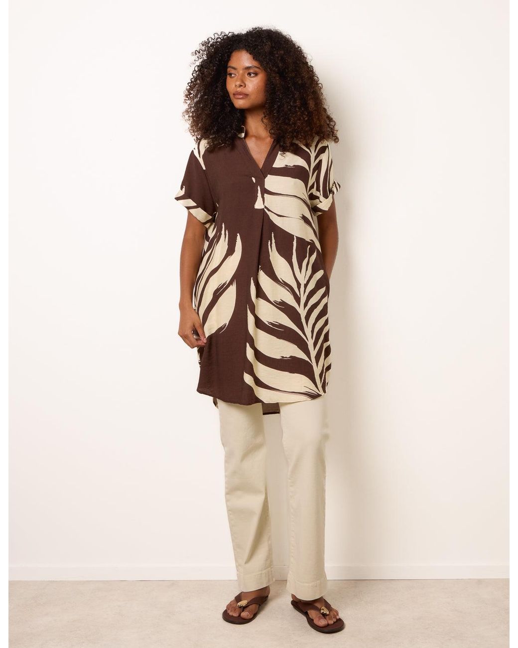 Blue Vanilla Brown Palm Print Tunic Top