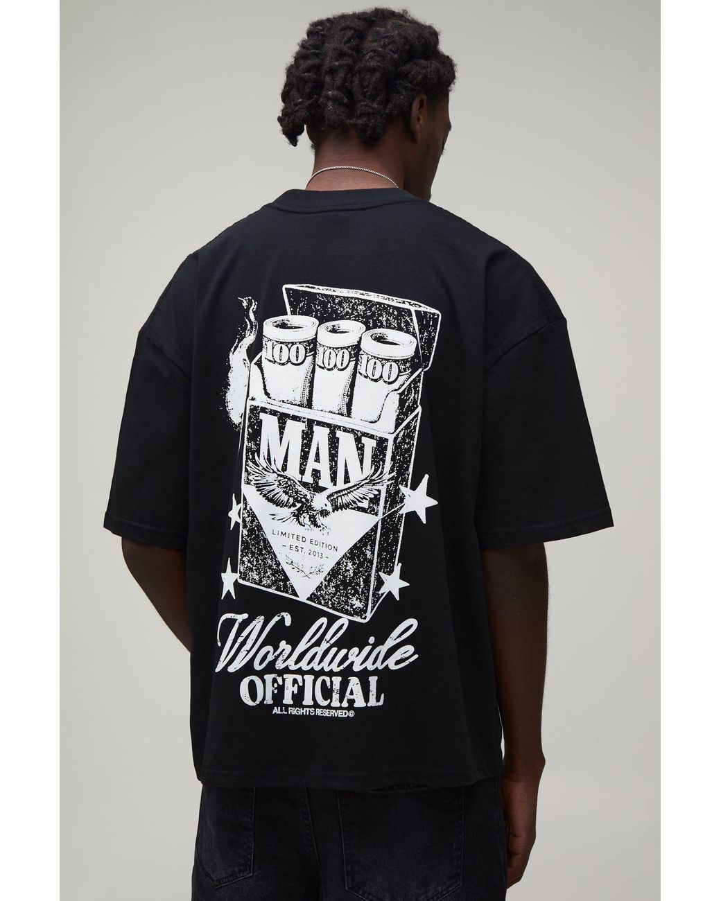 BoohooMAN Black Oversized Boxy Western Matchbox Print T-Shirt Cotton for men