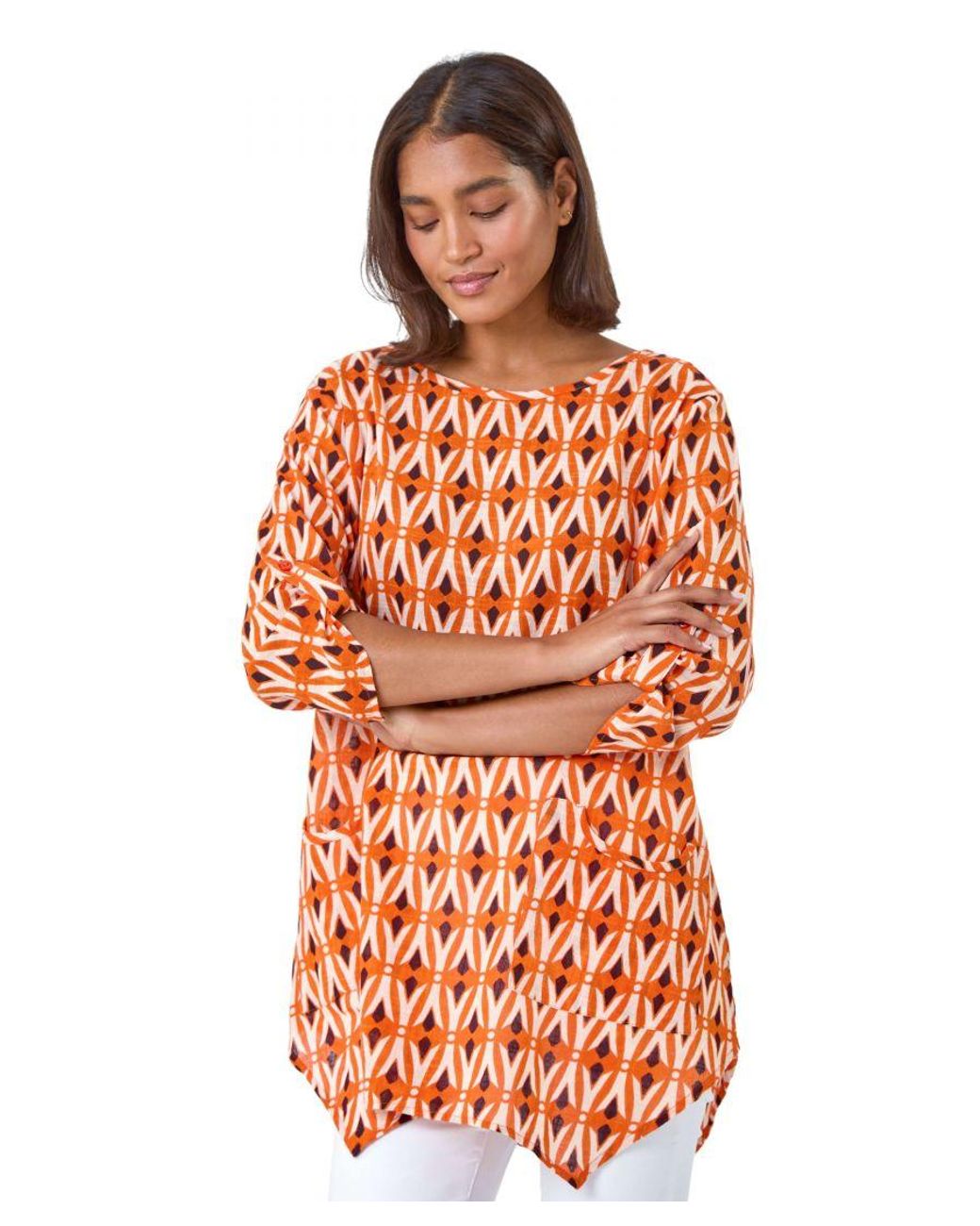 Roman White Cotton Geometric Pocket Longline Tunic Top