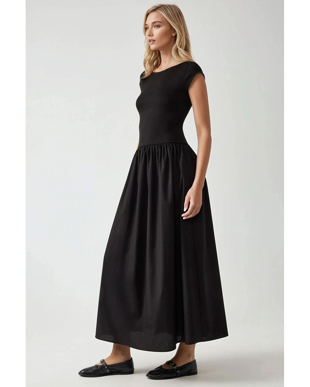 Hiccup Black Boat Neck A-Form Fit Maxi Dress