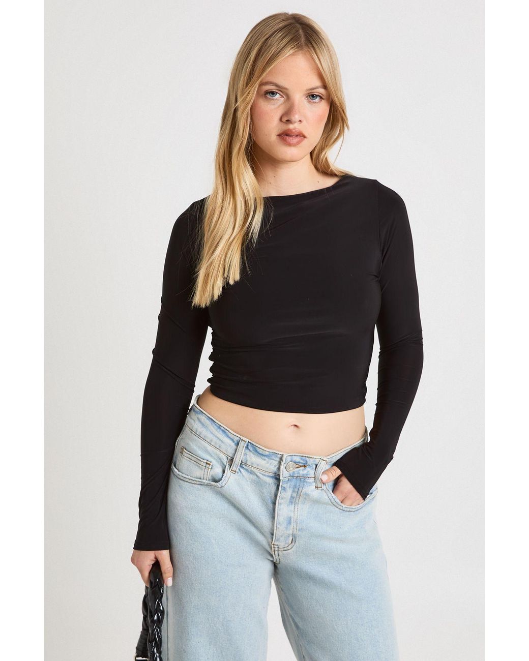 Boohoo Black Petite Double Layer Slinky Long Sleeve Top