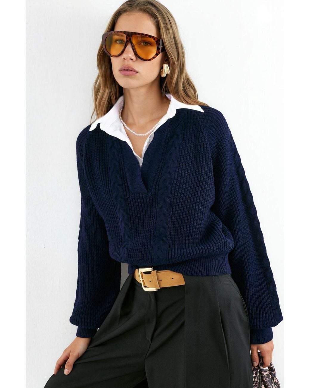 Hiccup Blue Patterned Knit Sweater With Shirt Collar