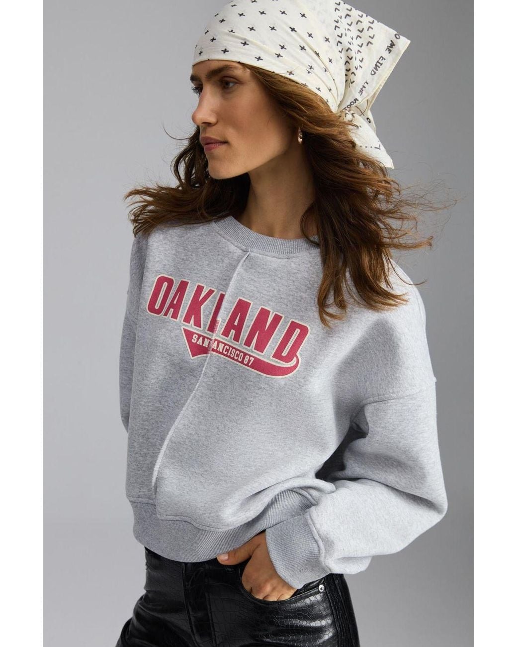Grimelange Gray Oversized Printed Crew Neck Sweatshirt