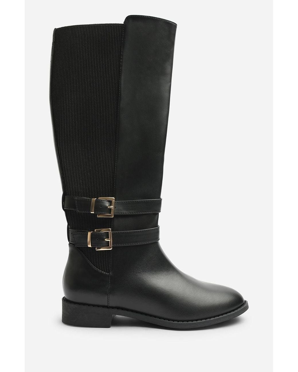 Where's That From Black Elaris Wide Fit Double Buckle Detail Stretch Elastic Knee High Riding Boots