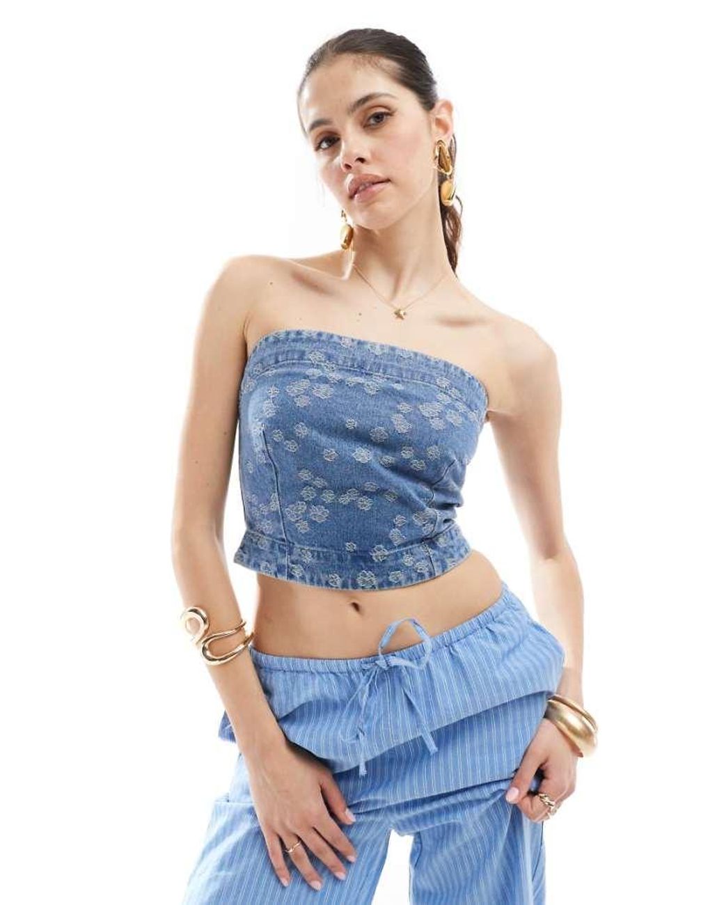 Vero Moda Blue Bandeau Denim Crop Top