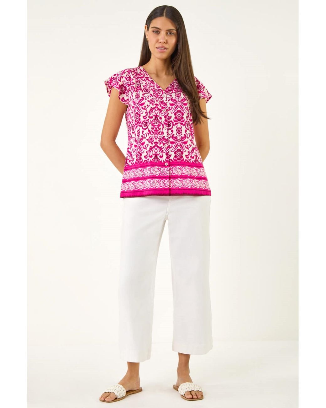 Roman Pink Floral Border Print Frill Blouse