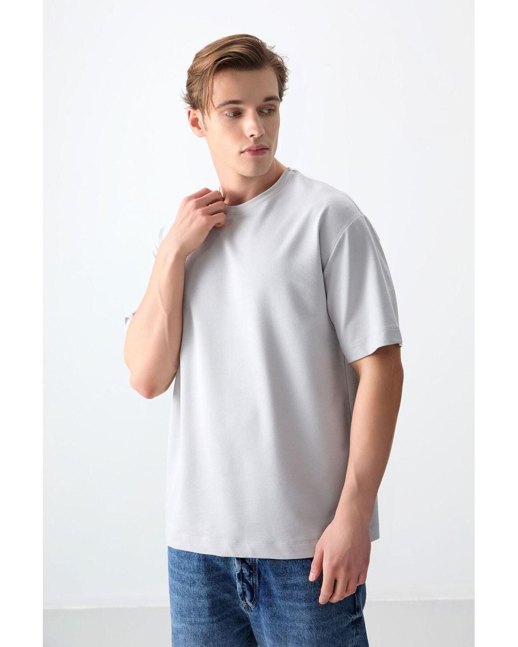 TOMMY LIFE Gray Oversized Cotton Blend Crew Neck T-Shirt for men