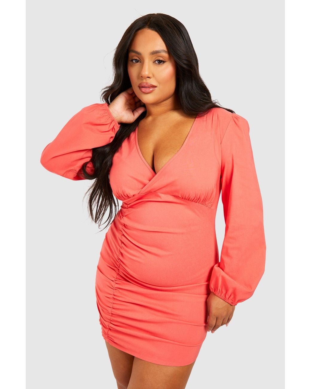 Boohoo Red Plus Ruched Mini Bengaline Dress