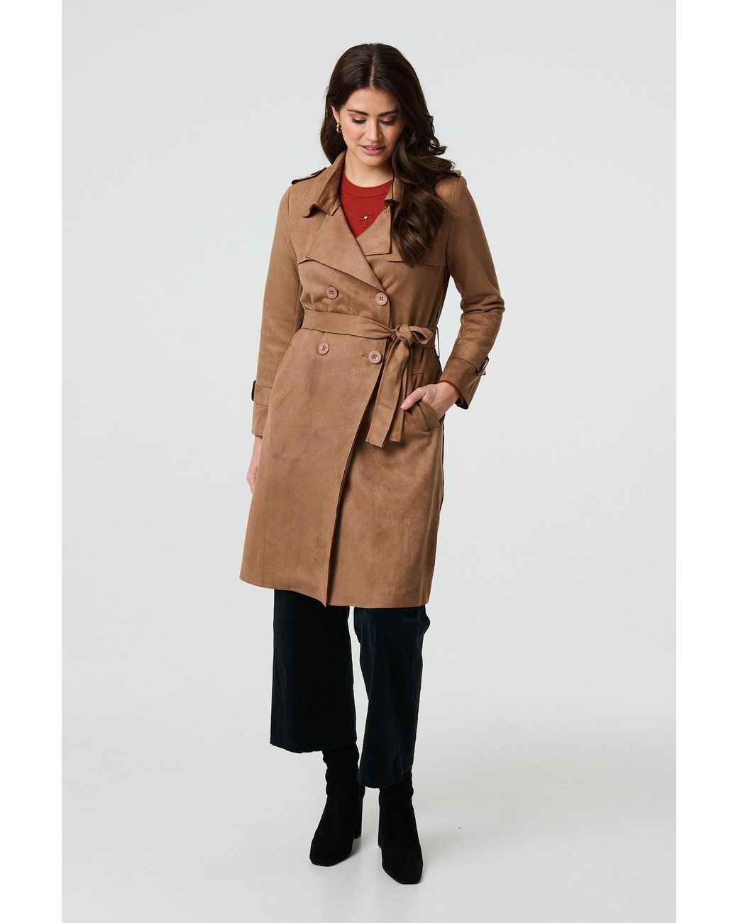 Izabel London Brown Suede Tie Waist Button Front Trench Coat