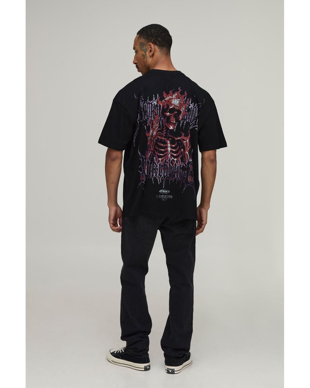 BoohooMAN Black Oversized Skeleton Worldwide Scale Print T-Shirt for men