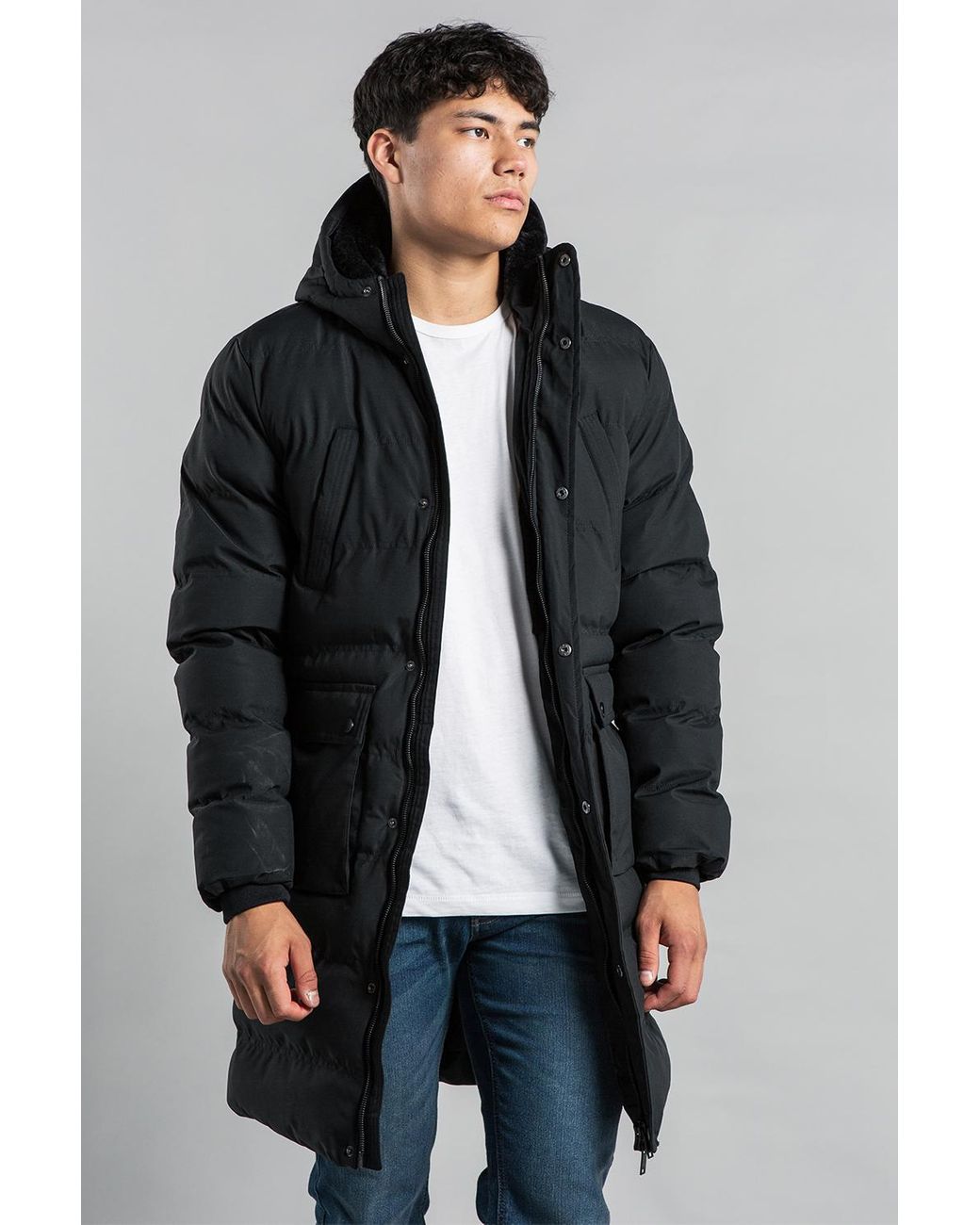 Nines Black Longline Funnel Neck Hooded Padded Jacket for men