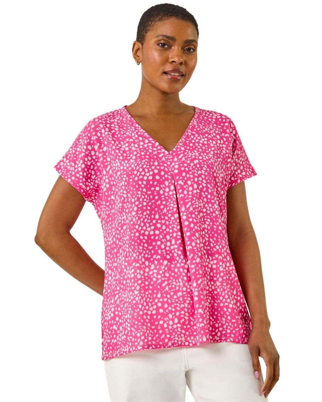 Roman Pink Spot Print V-Neck Pleat Front Top