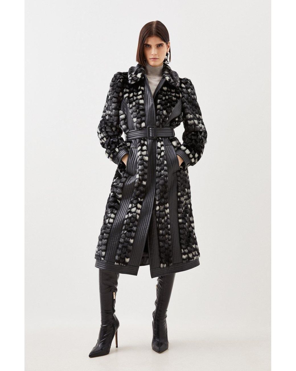 Karen Millen Tall Faux Fur Pu Panelled Abstract Belted Coat in