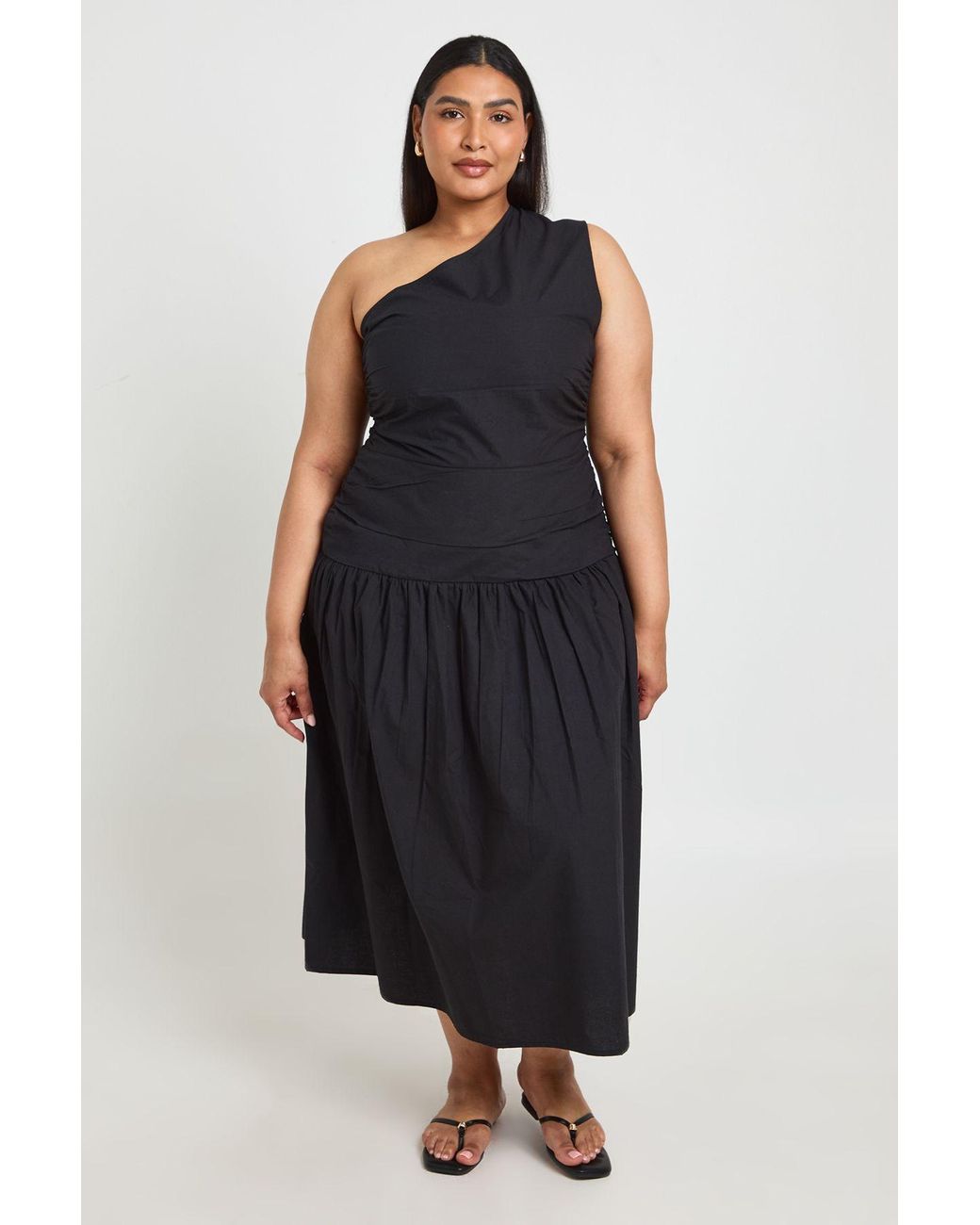 Boohoo Black Plus Cotton Poplin One Shoulder Ruched Midaxi Dress