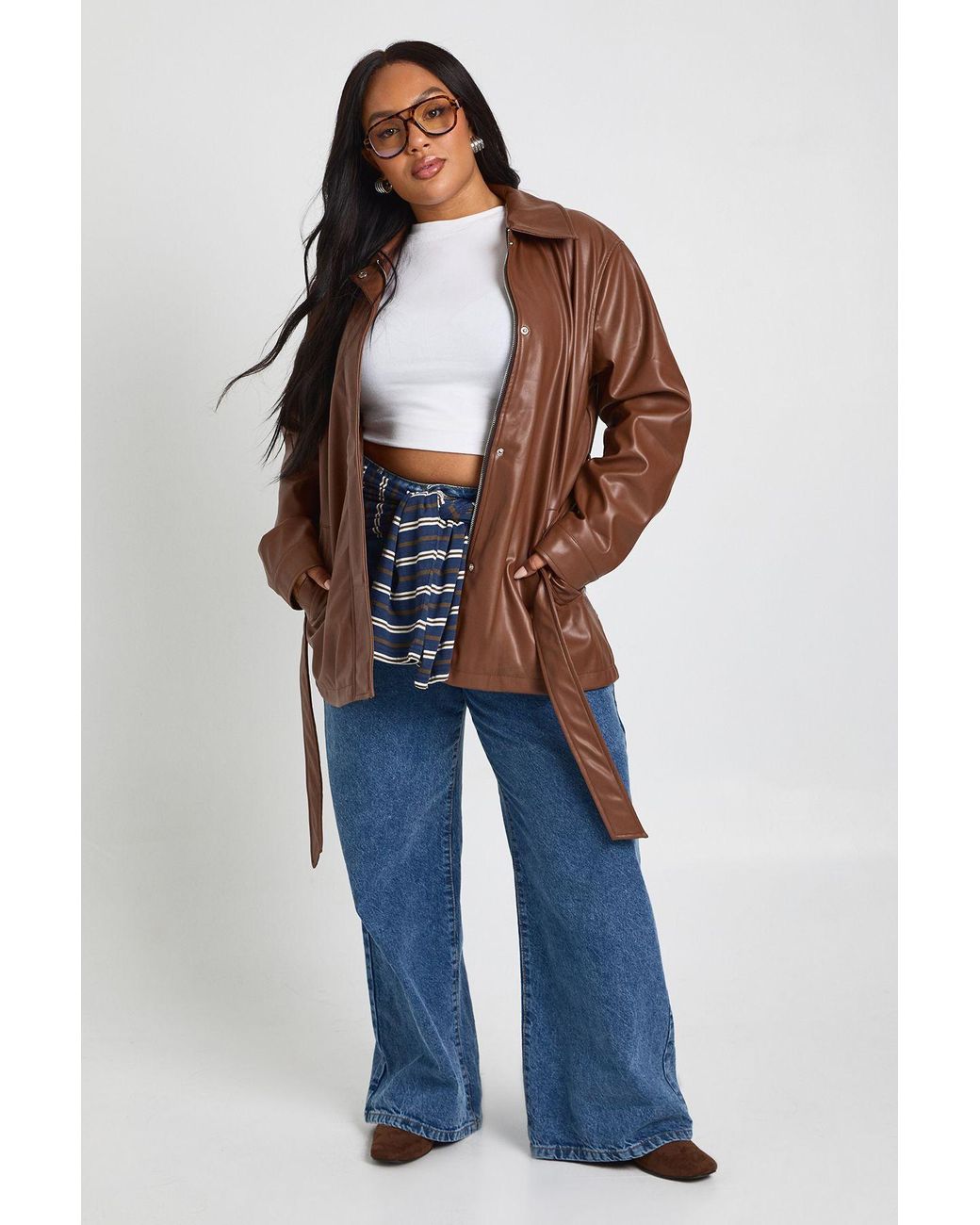 Boohoo Blue Plus Pu Belted Trench Coat