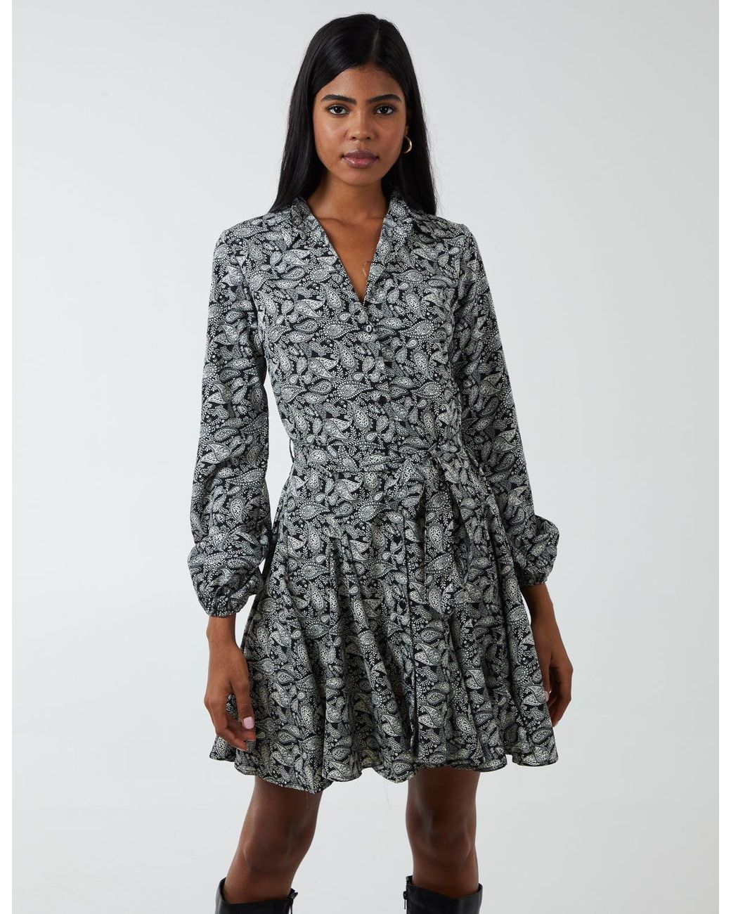 Blue Vanilla Gray Shirt Mini Dress With Godet Hem & Tie