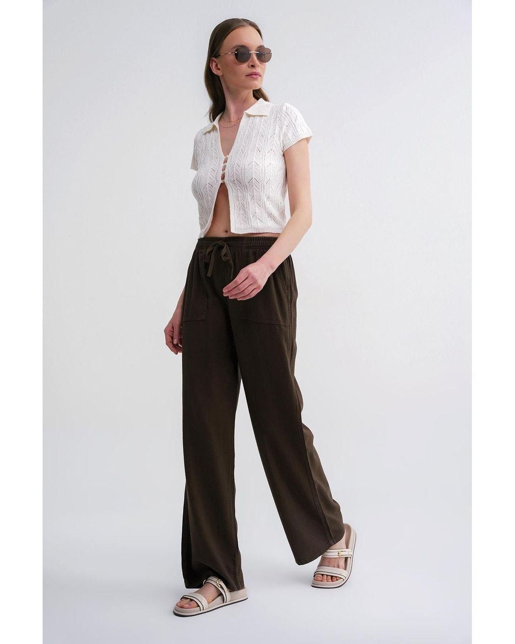 MixRay White Mid Waist Straight Leg Cotton Pants With Tie Closure