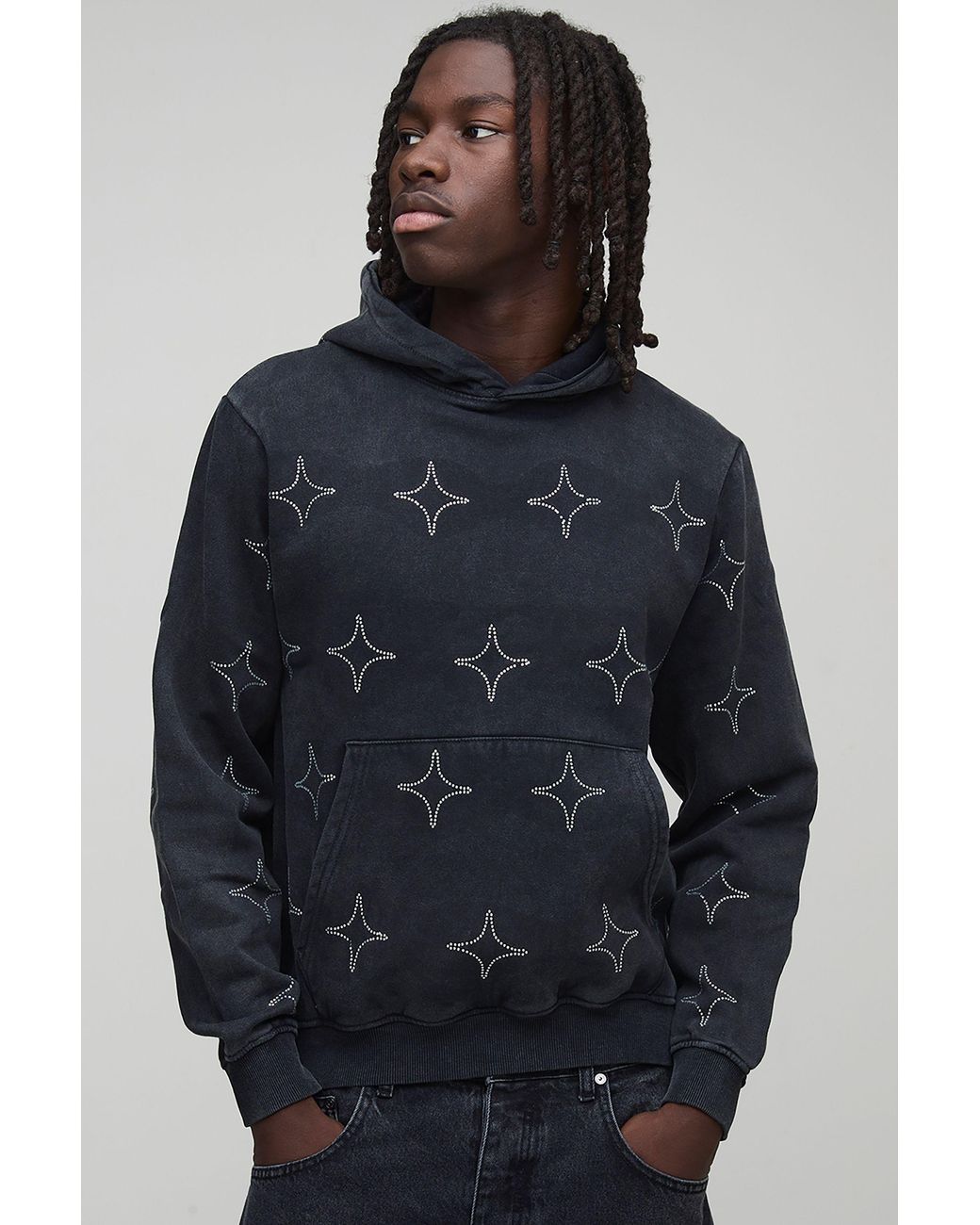 BoohooMAN Blue Boxy Washed All Over Rhinestone Hoodie for men