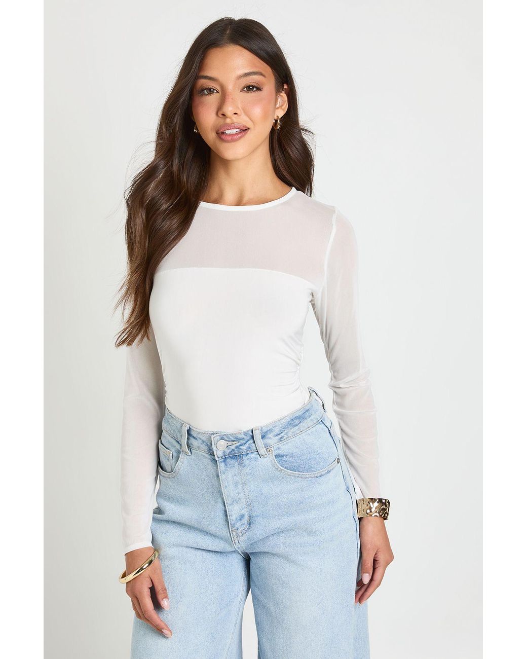 Boohoo White Mesh Panel Front Long Sleeve Bodysuit