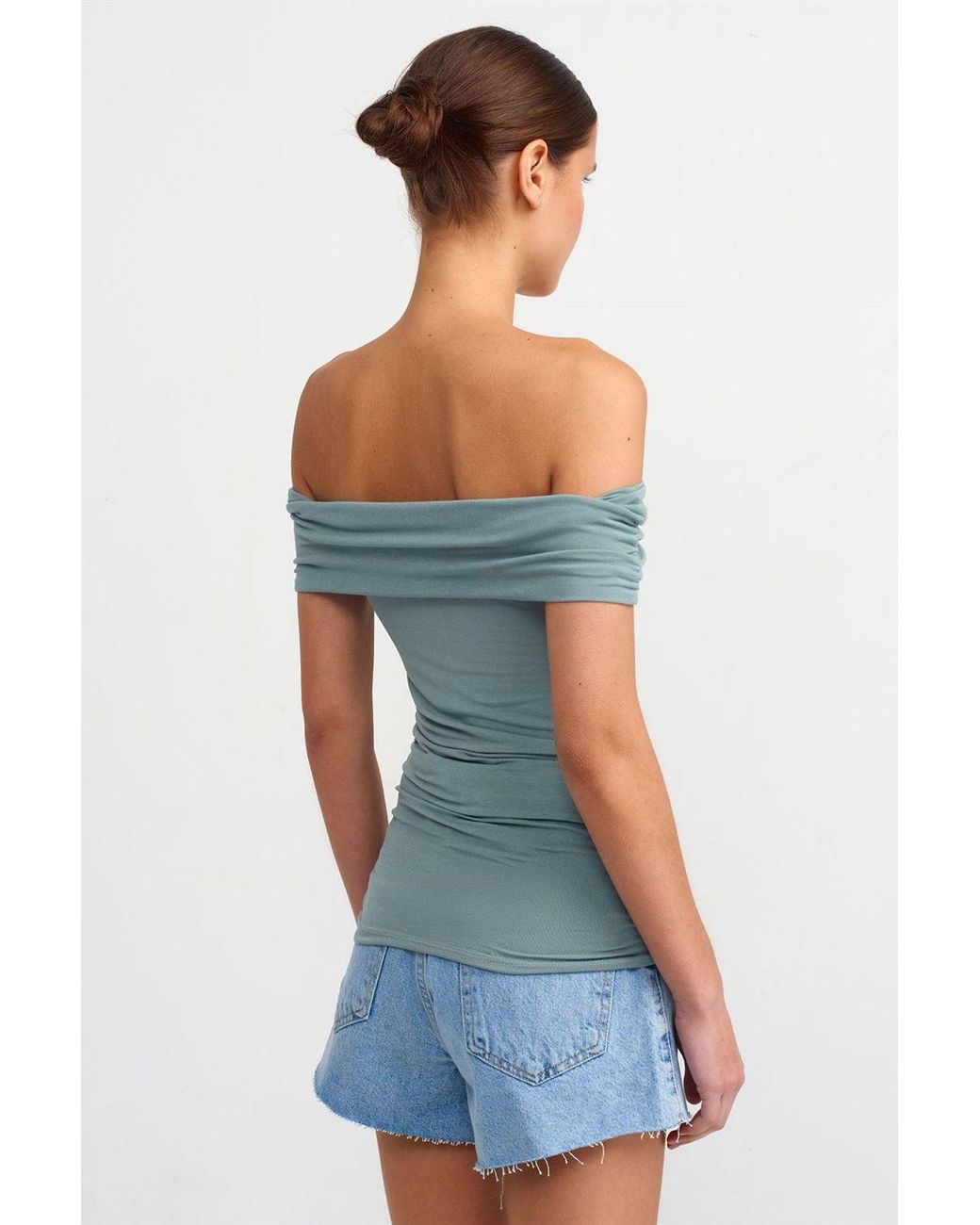 Dilvin Blue Off-Shoulder Slim Fit Jersey Blouse
