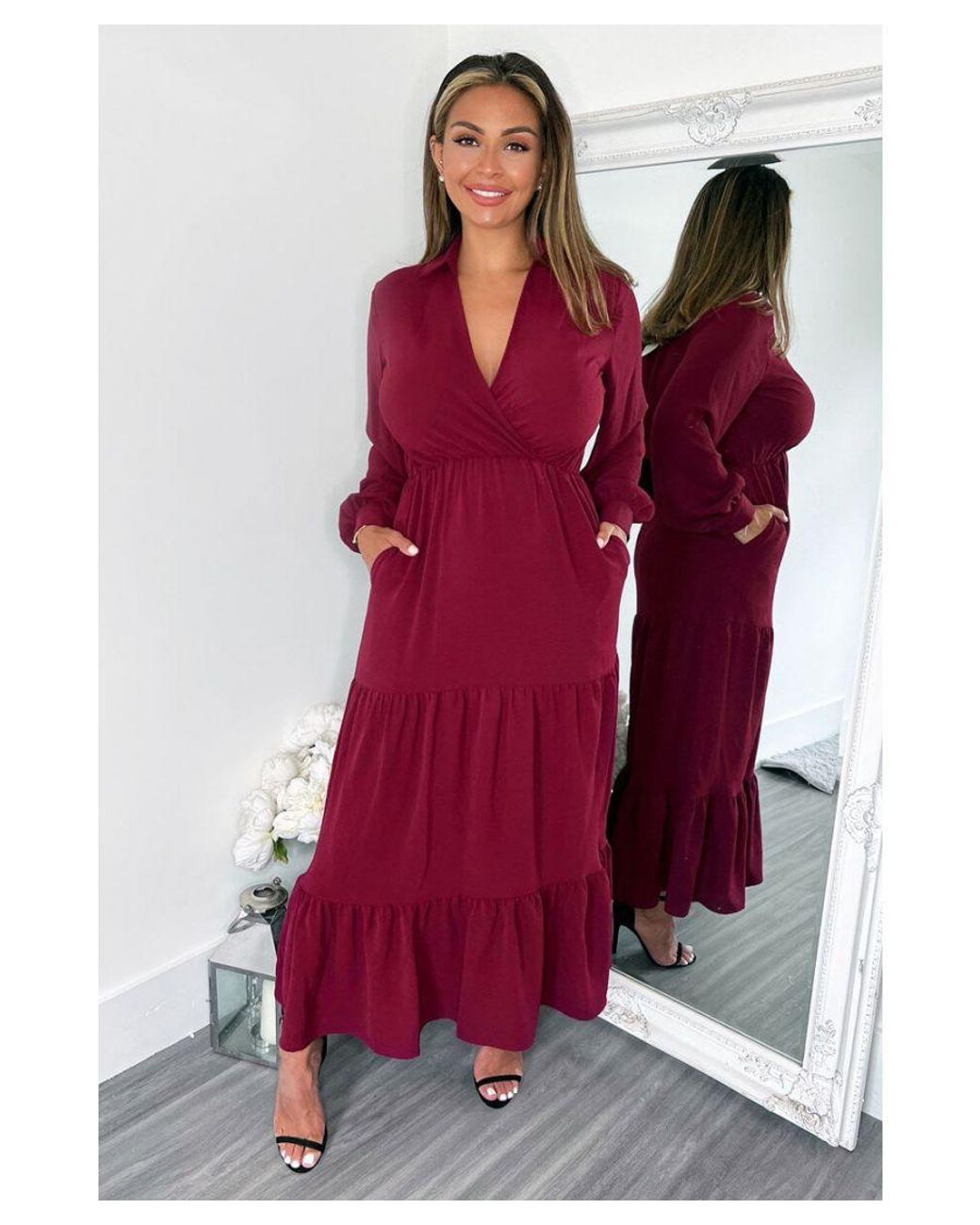 AX Paris Red Long Sleeve Wrap Top Smock Midi Dress